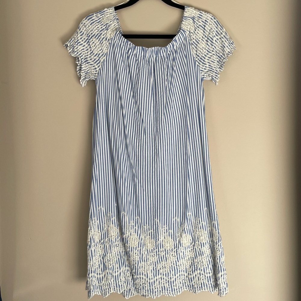 Luxology Blue and White Striped Dress with Lace
